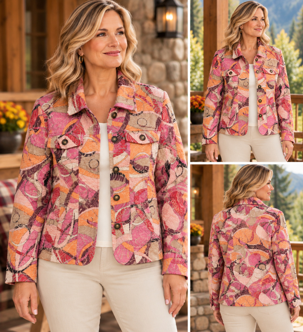 Analog Women’s L Pink Orange Abstract Print Textured Button Front Jacket Artsy
